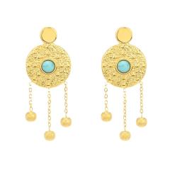 Turquoise earrings women boho round knock pattern chain tassel stainless steel earrings