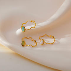 Simple oval shape natural stone wave design stainless steel rings