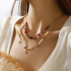 Color Natural Stone Beaded Crab Turtle Pendant stainless steel necklace