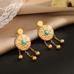 Turquoise earrings women boho round knock pattern chain tassel stainless steel earrings