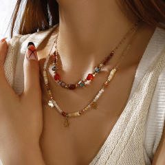 Color Natural Stone Beaded Crab Turtle Pendant stainless steel necklace
