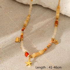 Color Natural Stone Beaded Crab Turtle Pendant stainless steel necklace