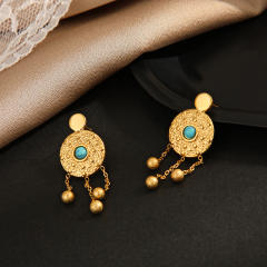 Turquoise earrings women boho round knock pattern chain tassel stainless steel earrings