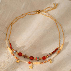 Color Natural Stone Beaded Crab Turtle Pendant stainless steel necklace