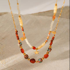 Color Natural Stone Beaded Crab Turtle Pendant stainless steel necklace