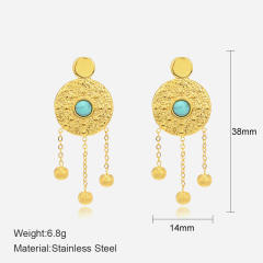 Turquoise earrings women boho round knock pattern chain tassel stainless steel earrings