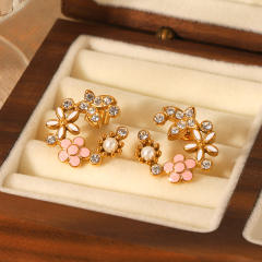 18K Gold Stainless Steel Butterfly Inlaid Zircon Pearl enamel earrings