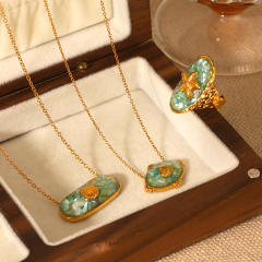 Marine Style Stainless Steel Epoxy Broken Shell Necklace Starfish Open Ring jewelry suit