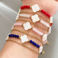 Shell Four-leaf Clover Beaded Bracelet Double-layer Colorful Beads Stainless Steel bracelet for women