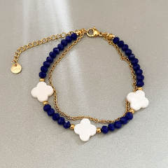 Shell Four-leaf Clover Beaded Bracelet Double-layer Colorful Beads Stainless Steel bracelet for women