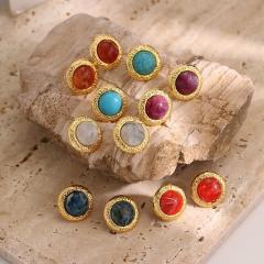 18K plated round shape natural stone bead stainless steel earrings