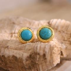 18K plated round shape natural stone bead stainless steel earrings
