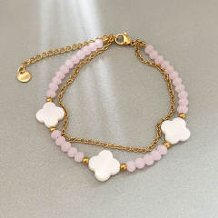 Shell Four-leaf Clover Beaded Bracelet Double-layer Colorful Beads Stainless Steel bracelet for women