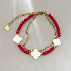 Shell Four-leaf Clover Beaded Bracelet Double-layer Colorful Beads Stainless Steel bracelet for women