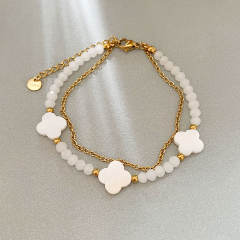 Shell Four-leaf Clover Beaded Bracelet Double-layer Colorful Beads Stainless Steel bracelet for women