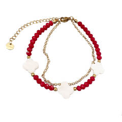 Shell Four-leaf Clover Beaded Bracelet Double-layer Colorful Beads Stainless Steel bracelet for women