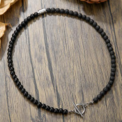 Exaggerated Flash Stone Volcano Stone Beaded Necklace Hip-hop Black Gallstone Long Necklace for men