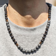 Exaggerated Flash Stone Volcano Stone Beaded Necklace Hip-hop Black Gallstone Long Necklace for men