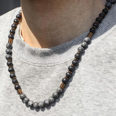 Exaggerated Flash Stone Volcano Stone Beaded Necklace Hip-hop Black Gallstone Long Necklace for men
