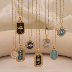 Vintage enamel round block pendant moon star evil eye stainless steel necklace