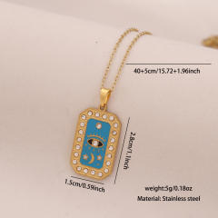 Vintage enamel round block pendant moon star evil eye stainless steel necklace