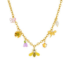 Multi-Element enamel Cartoon Bee Sunflower Dragonfly charm Stainless Steel Necklace