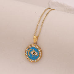 Vintage enamel round block pendant moon star evil eye stainless steel necklace