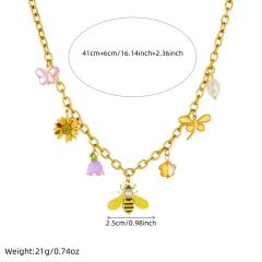 Multi-Element enamel Cartoon Bee Sunflower Dragonfly charm Stainless Steel Necklace