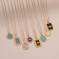 Vintage enamel round block pendant moon star evil eye stainless steel necklace