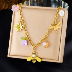 Multi-Element enamel Cartoon Bee Sunflower Dragonfly charm Stainless Steel Necklace