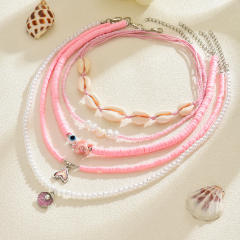 Summer Ocean Style Fashion Shell Necklace Pink Beads Starfish Pearl Multi-Layered Necklace for Women