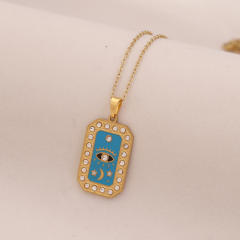 Vintage enamel round block pendant moon star evil eye stainless steel necklace