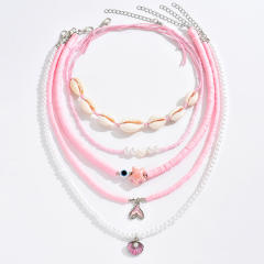 Summer Ocean Style Fashion Shell Necklace Pink Beads Starfish Pearl Multi-Layered Necklace for Women