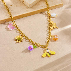 Multi-Element enamel Cartoon Bee Sunflower Dragonfly charm Stainless Steel Necklace