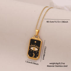 Vintage enamel round block pendant moon star evil eye stainless steel necklace