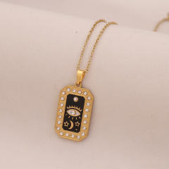 Vintage enamel round block pendant moon star evil eye stainless steel necklace