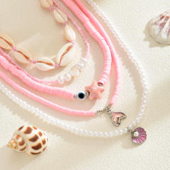 Summer Ocean Style Fashion Shell Necklace Pink Beads Starfish Pearl Multi-Layered Necklace for Women