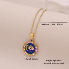 Vintage enamel round block pendant moon star evil eye stainless steel necklace
