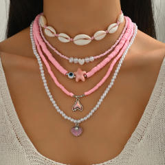 Summer Ocean Style Fashion Shell Necklace Pink Beads Starfish Pearl Multi-Layered Necklace for Women