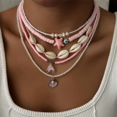 Summer Ocean Style Fashion Shell Necklace Pink Beads Starfish Pearl Multi-Layered Necklace for Women