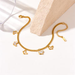 Hollow out butterfly white shell butterfly charm thick chain stainless steel anklet