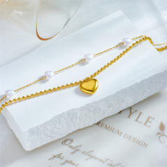 Elegant double layer pearl heart gold heart charm stainless steel anklet