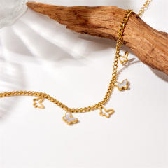 Hollow out butterfly white shell butterfly charm thick chain stainless steel anklet