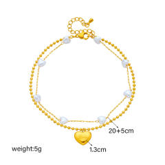 Elegant double layer pearl heart gold heart charm stainless steel anklet