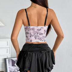 Street Style Trendy Mesh Print Cross-Tie Underwire Backless Sexy Camisole corset tops