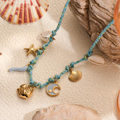 Beach Style Colorful Braided rope chain stainlss steel fish shell charms Necklace