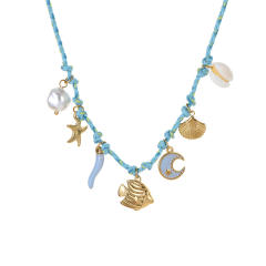 Beach Style Colorful Braided rope chain stainlss steel fish shell charms Necklace
