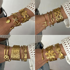 Vintage geometric irregular pattern hollow stainless steel bangle flower starfish shell heart cuff bangle