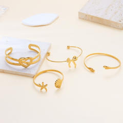 Vintage geometric irregular pattern hollow stainless steel bangle flower starfish shell heart cuff bangle
