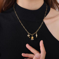 Beach Style Exquisite Inlaid Rhinestone Starfish Coconut Tree Pendant DIY Necklace Pendant Stainless Steel Bracelet Accessories